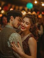 Couple dancing closely at a vintage-themed party, surrounded by festive lights and decorations. photo