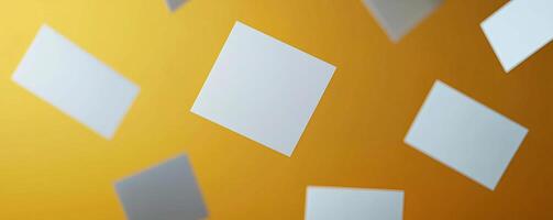 3d render of a various blank white paper cards with rounded corners floating around over a dark yellow studio background Shallow depth of field Dramatic lighting photo