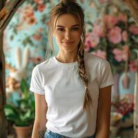 A beautiful young woman with long blonde hair and blue eyes is smiling at the camera. She is wearing a white t-shirt and jeans. The background is a floral wallpaper. photo