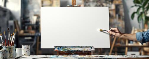 Creative artist beginning a new painting on a blank white canvas in a modern, well-equipped studio, brush in hand, creative process, passionate and dedicated photo
