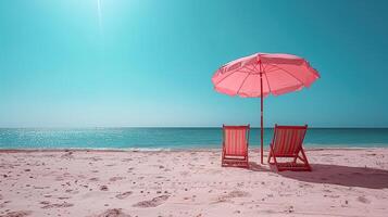 Serene beach scene with blue sky, red umbrella, and empty chairs on sandy shore. Perfect summer getaway, relaxation and vacation concept. photo