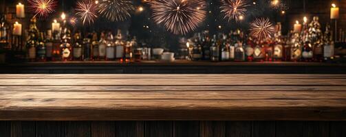Wooden counter mockup with a New Year celebration background featuring fireworks lighting up the night sky, editorial photography, empty copy space on the right photo