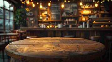 Cozy cafe interior with wooden table, warm lighting, and rustic decor. Perfect for food and beverage themes or cozy settings. photo