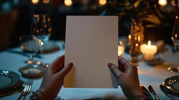 a branding mockup for a menu design of hands holding a blank menu sitting at a table at a fancy restaurant, direct flash bright flash light candle lit table photo