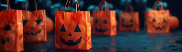 Candy bags with Halloween motifs, filled with treats, festive and spooky atmosphere, editorial photography, empty copy space on the right photo