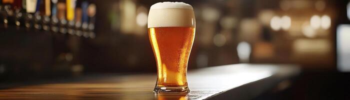1 A detailed shot of a craft beer glass at a bar, emphasizing the foams creamy texture, set against a clean, neutral backdrop, extensive space on the right for copy photo