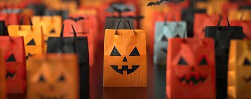 Halloween candy bags with pumpkin, ghost, and bat motifs, vibrant and fun, editorial photography, empty space for text on side photo