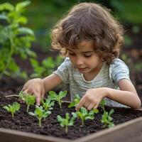 Child with a look of concentration, using their bare hands to pat down the soil around young vegetable plants in a raised bed, childhood in the garden, engaged and responsible photo