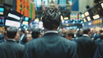 Confident businessman in a suit standing out from the crowd on a busy street with skyscrapers in the background. photo