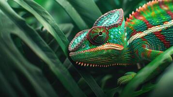 Chameleon blending seamlessly into its leafy environment, highlighting camouflage abilities, Wildlife in Natural Habitat, editorial photography, empty space for text on side photo
