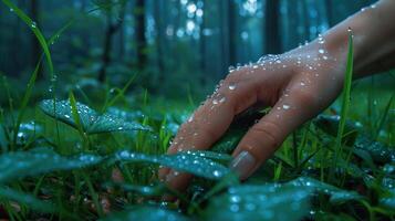 A hand touching wet grass in a forest. photo
