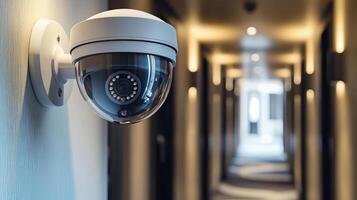 A detailed shot of a modern security camera mounted on the ceiling of a hallway The camera is sleek and contemporary in design photo