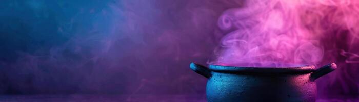 Witch's cauldron emitting magical smoke, eerie and mystical atmosphere, editorial photography, empty copy space on the right photo
