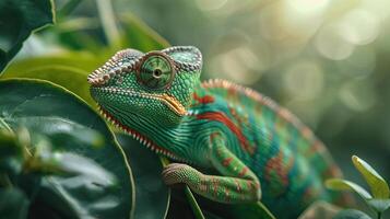 Chameleon blending seamlessly into its leafy environment, highlighting camouflage abilities, Wildlife in Natural Habitat, editorial photography, empty space for text on side photo