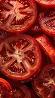 close up of many tomato slices, arranged in a circular pattern. photo