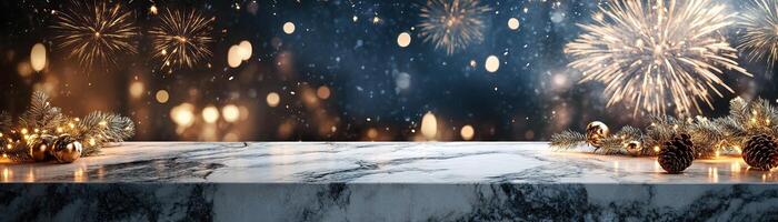 Marble counter mockup with a New Year celebration background featuring vibrant fireworks lighting up the night sky, editorial photography, empty copy space on the right photo