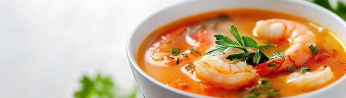 A delicious bowl of shrimp soup garnished with fresh herbs, perfect for seafood lovers seeking comfort and flavor. photo