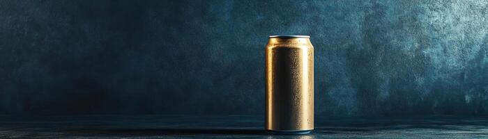 A minimalist composition of a craft beer can, clean lines against a dark, textured backdrop, panoramic space above for copy photo