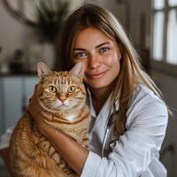 Smiling veterinarian holding an orange tabby cat in a clinic setting, showcasing the bond between pets and their caregivers. photo