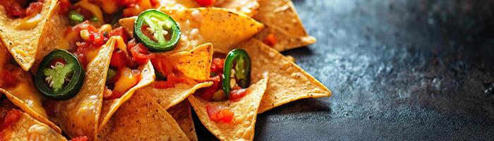 Delicious nachos topped with fresh salsa and sliced jalapenos on a rustic platter, perfect for parties and gatherings. photo