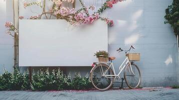 Vintage white bicycle with flower baskets leaning against a wall with blooming pink flowers, in a quaint garden setting on a sunny day. photo