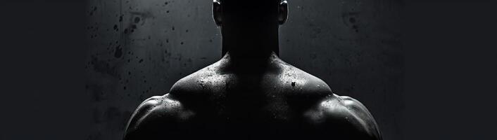 A powerful silhouette of a muscular man showcasing back muscles in low light, emphasizing strength and fitness in a dramatic and dark setting. photo