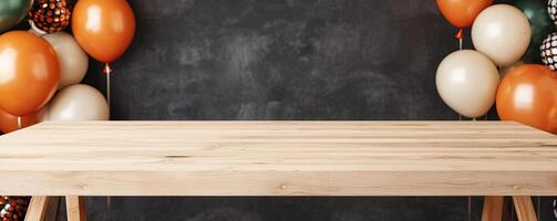 Rustic wooden counter mockup against a backdrop of New Year s Eve party decorations photo