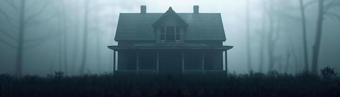 Dark haunted house silhouettes, creating a haunted atmosphere, editorial photography, empty space for text on side photo