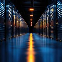 A modern storage facility showcasing illuminated aisles and metallic storage units, emphasizing organization and security. photo
