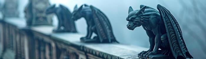 Gargoyles perched on ornate pedestals, gothic and eerie atmosphere, editorial photography, empty copy space on the right photo