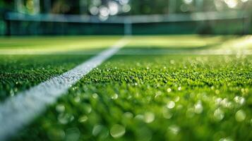 Close up of the artificial grass on a tennis court with the net in the background photo