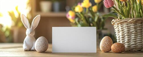 a mockup for an easter greeting card, blank greeting card on a table, easter vibes, spring, sunshine photo