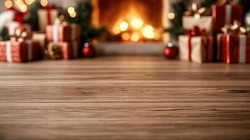 Wooden counter mockup with a Christmas background featuring twinkling fairy lights, festive ornaments, and pine branches, editorial photography, empty copy space on the right photo