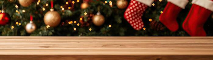 Rustic wooden counter mockup against a cozy Christmas backdrop with a decorated tree and stockings, warm holiday ambiance, editorial shot, empty copy space for text on side photo