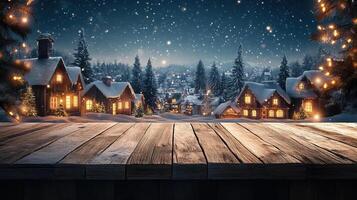 Wooden counter mockup set against a snowy Christmas village background with lit windows and festive decorations, editorial photography, empty space for text on side photo