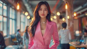 A photo of a beautiful young Asian woman in a pink suit standing in an office environment.
