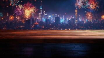 Wooden counter mockup set against a New Year celebration scene with a bustling cityscape, fireworks, and illuminated buildings, editorial photography, empty space for text on side photo