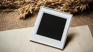 a product shot of a blank polaroid photograph sitting on a blank canvas, birds eye view, professional photograph photo