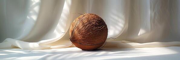 A single brown coconut rests on a white surface with soft, flowing curtains in the background, illuminated by natural sunlight. photo