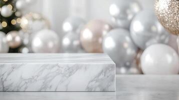 Sleek marble counter mockup against a backdrop of New Year s Eve party decorations photo