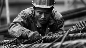A construction worker is tying rebar at a construction site. photo