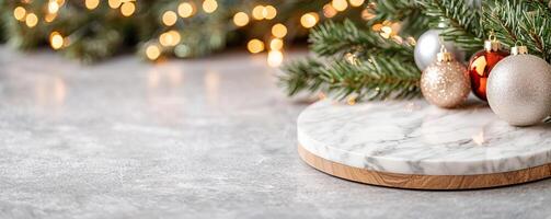 Marble counter mockup with a Christmas background featuring twinkling fairy lights, festive ornaments, and pine branches, editorial photography, empty copy space on the right photo