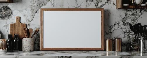 a blank 2x3 frame with a wooden border resting on a wall ontop of a marble kitchen countertop surrounded by kitchen components and an amazing light shot photo