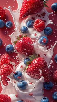 Vibrant splash of fresh strawberries, blueberries, and raspberries in creamy yogurt on a red background. Perfect for healthy eating concepts. photo