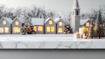 Marble counter mockup set against a snowy Christmas village background with lit windows and festive decorations, editorial photography, empty space for text on side photo