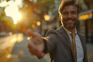 Confident businessman in suit and tie reaches out to shake hands photo
