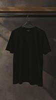 A plain black t-shirt hanging on a hanger against a dark textured background, perfect for minimalist fashion concepts and clothing mockups. photo