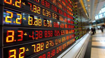 Red glowing stock market display with stock prices and numbers photo