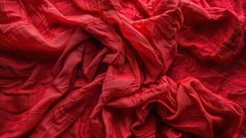 Close-up of crumpled red fabric texture, showing intricate folds and details. Perfect for backgrounds and textile-related designs. photo