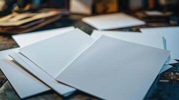 8 pieces of white blank paper scattered on a table photo